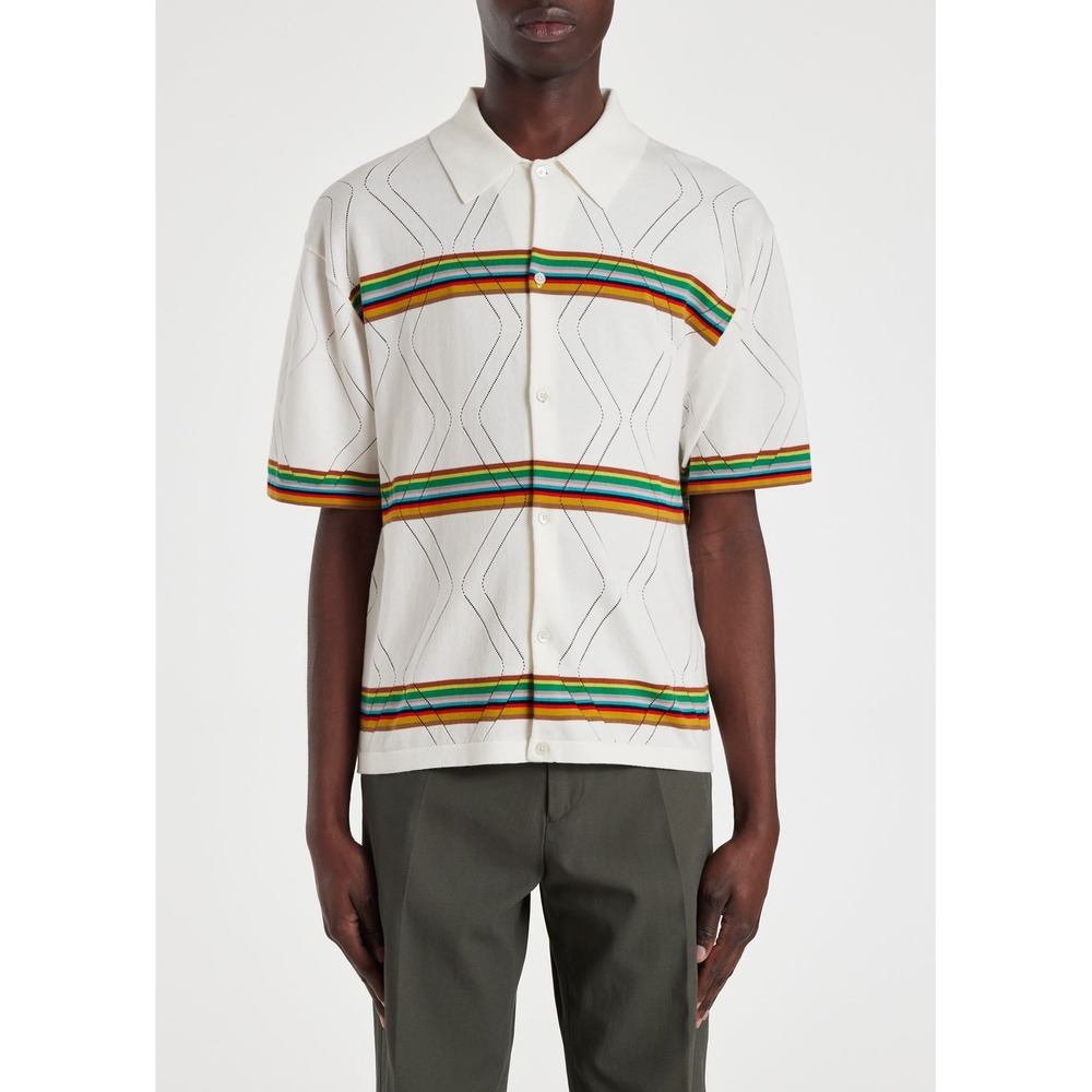 Paul Smith Mens‎ Knit Polo Shirt Cream Large Multi Color Stripe Button Down